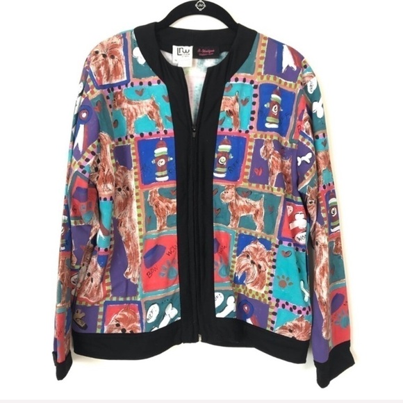 VINTAGE LRW ATLANTA Handpainted Dog Art Jacket Medium Unique Eclectic Dog Lover - Picture 2 of 8